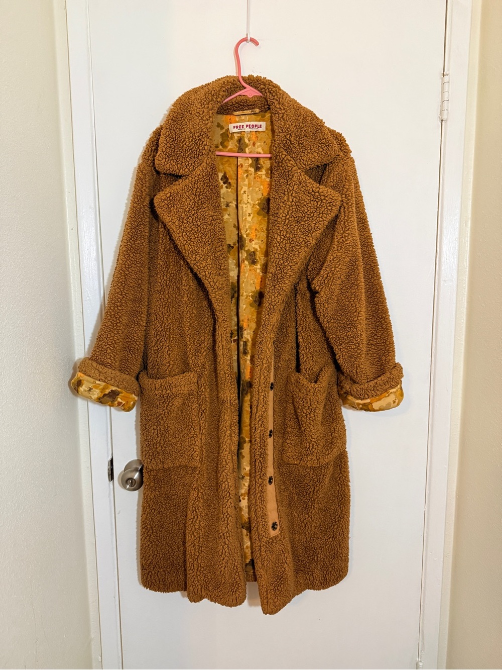 Free People Chestnut Brown Teddy Long Coat with Floral Lining